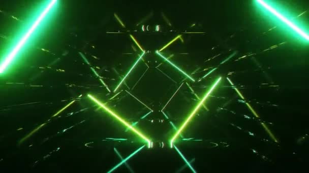 Streszczenie pływające w futurystyczny korytarza, Płynna pętla 4k tło, jarzeniowe światło ultrafioletowe, lustro linie geometryczne niekończące się tunel, widma zielony, neon promień lasera, 3d render — Wideo stockowe