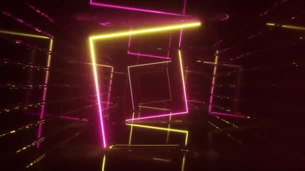 Abstraktní létání ve futuristické koridoru, bezešvé smyčka 4k pozadí, fluorescenční ultrafialové světlo, zrcadlo lemuje laser neon čáry, geometrické nekonečný tunel, žluté růžové spektrum, 3d vykreslení — Stock video