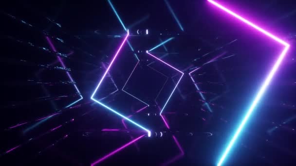 Abstrato voando em corredor futurista, fundo sem costura loop 4k, luz ultravioleta fluorescente, linhas de espelho linhas de néon laser, túnel sem fim geométrico, espectro rosa azul, renderização 3d — Vídeo de Stock