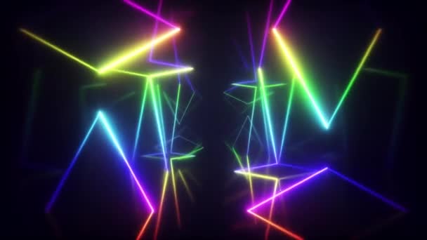 Abstract flying in futuristic corridor with triangles, seamless loop 4k background, fluorescent ultraviolet light, colorful laser neon lines, geometric endless tunnel, rainbow spectrum, 3d render — Stock Video