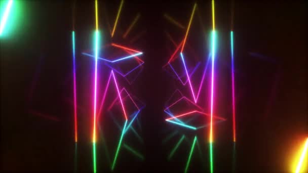 Abstract flying in futuristic corridor with triangles, seamless loop 4k background, fluorescent ultraviolet light, colorful laser neon lines, geometric endless tunnel, rainbow spectrum, 3d render — Stock Video