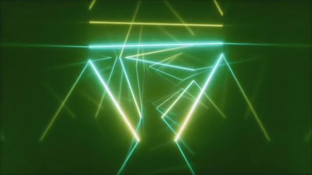 Abstract flying in futuristic corridor with triangles, seamless loop 4k background, fluorescent ultraviolet light, colorful laser neon lines, geometric endless tunnel, blue green spectrum, 3d render — Stock Video