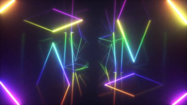 Soyut floresan ultraviyole ışık, fütüristik koridor arka planda uçan ayna satırları lazer neon çizgiler, geometrik sonsuz tünel, 3d resim, gökkuşağı spektrum