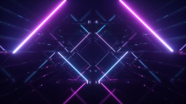Soyut floresan ultraviyole ışık, fütüristik koridor arka planda uçan ayna satırları lazer neon çizgiler, geometrik sonsuz tünel, 3d resim, mavi pembe spektrum
