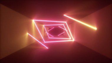 Uçan fütüristik koridor arka plan, floresan ultraviyole ışık, parlak renkli lazer neon çizgiler, geometrik sonsuz tünel, Sarı Pembe spektrum, 3d illüstrasyon soyut