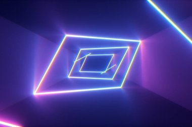 Uçan fütüristik koridor arka plan, floresan ultraviyole ışık, parlak renkli lazer neon çizgiler, geometrik sonsuz tünel, mavi pembe spektrum, 3d illüstrasyon soyut