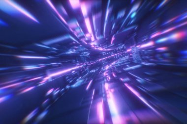Bir futuristik neon tünel ile yolculuk. 3D çizim. Renkli bir koridor ile yüksek hızlı yolculuk.