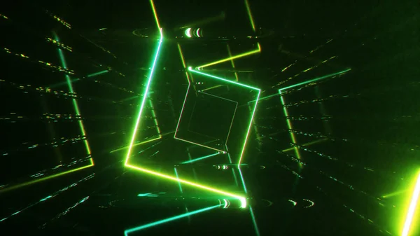 Абстрактний політ на фоні футуристичного коридору, флуоресцентне ультрафіолетове світло, лінії дзеркала лазерні неонові лінії, геометричний нескінченний тунель, 3d ілюстрація — стокове фото