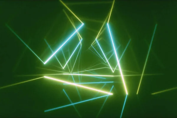 抽象的な 3 d イラスト、青い緑のスペクトル幾何学的無限トンネル蛍光紫外光、カラフルなレーザー ネオン線三角形の背景と未来的な廊下を飛んでいます。 — ストック写真