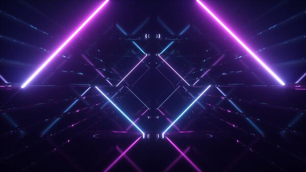 Абстрактные полеты на футуристическом фоне коридора, флуоресцентный ультрафиолетовый свет, зеркальные линии лазерных неоновых линий, геометрический бесконечный туннель, 3D иллюстрация, синий розовый спектр

