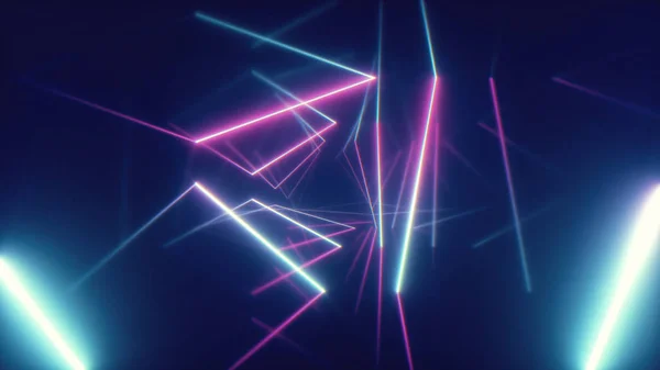 추상 삼각형 배경, 형광 자외선 빛, 화려한 레이저 네온 라인, 기하학적 끝 없는 터널, 블루 핑크 스펙트럼, 3d 그림을 가진 미래 복도에서 비행 — 스톡 사진