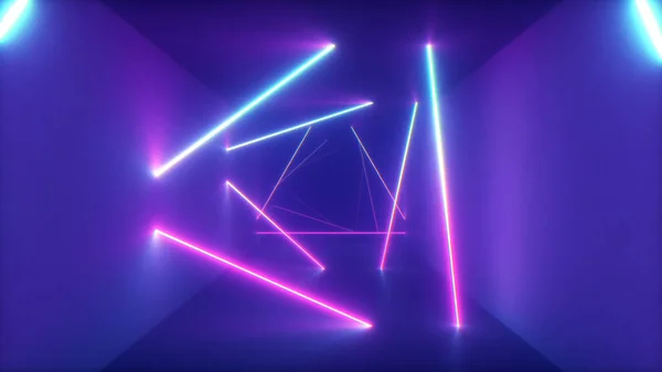 Abstraktní létání ve futuristické koridor s trojúhelníky pozadí, fluorescenční ultrafialového světla, barevné laserové neonové linky, geometrické nekonečný tunel, modré růžové spektrum, 3d obrázek — Stock fotografie