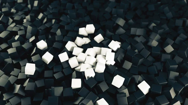 Ilustração 3D branca preta de uma pilha de cubos abstratos rolando e caindo de cima para baixo . — Fotografia de Stock