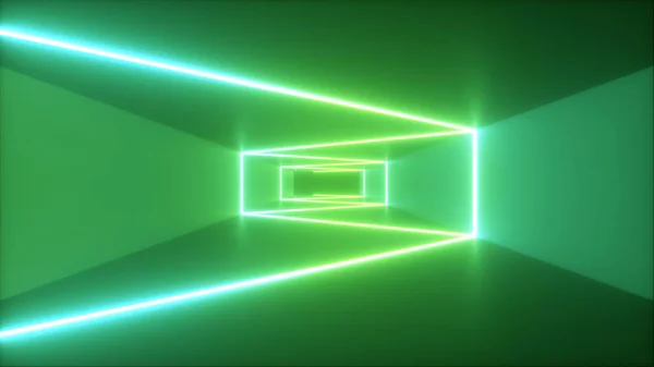 Volando abstracto en fondo futurista corredor, luz ultravioleta fluorescente, brillantes líneas de neón láser de colores, túnel geométrico sin fin, espectro verde, ilustración 3d —  Fotos de Stock