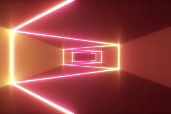 Abstrakt v pozadí futuristické koridor, fluorescenční ultrafialové světlo, zářící neon barevné laserové linie, geometrické nekonečný tunel, žluté růžové spektrum, 3d obrázek — Stock fotografie