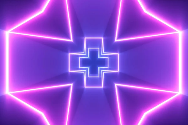 Абстрактные полеты на футуристическом фоне коридора, флуоресцентный ультрафиолетовый свет, светящиеся красочные лазерные неоновые линии, геометрический бесконечный тоннель, синий розовый спектр, 3D иллюстрация — стоковое фото