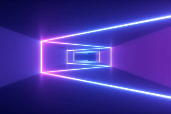 Volar abstracto en el fondo del corredor futurista, luz ultravioleta fluorescente, brillantes líneas de neón láser de colores, túnel geométrico sin fin, espectro rosa azul, ilustración 3d —  Fotos de Stock