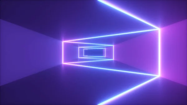 Abstraktes Fliegen im futuristischen Korridorhintergrund, fluoreszierendes ultraviolettes Licht, leuchtende bunte Laser-Neon-Linien, geometrischer endloser Tunnel, blaurosa Spektrum, 3D-Illustration — Stockfoto