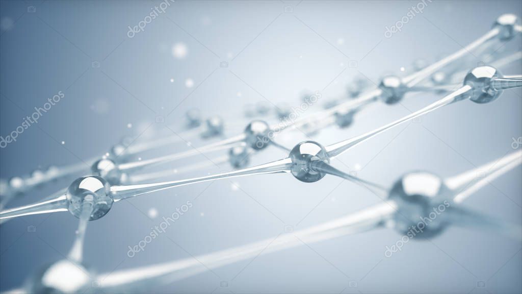 A network of molecules and atoms of glass and crystals constitute a single system. 3D illustration