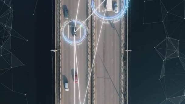 4k aerial view of self driving autopilot cars driving on a highway with technology tracking them, showing speed and who is controlling the car. Visual effects clip shot. — Stock Video