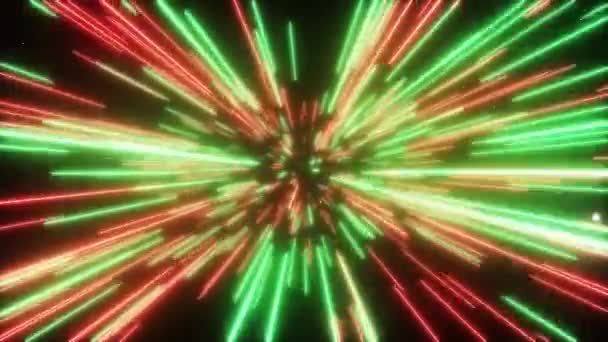Sömlös slinga 4k CG cnimation av abstrakt kreativ kosmisk bakgrund. Hyper hoppa in i en annan galax. Ljusets hastighet, neonglödande strålar i rörelse. Vackra fyrverkerier, färgglada explosion, Big Bang. — Stockvideo