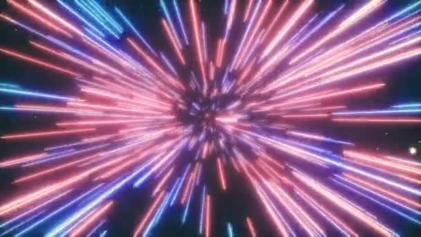 Bezszwowa pętla 4K CG cnimation abstrakcyjnego twórczego kosmicznego tła. Hyper skok do innej galaktyki. Prędkość światła, Neon świecące promienie w ruchu. Piękne fajerwerki, kolorowy wybuch, duży huk. — Wideo stockowe
