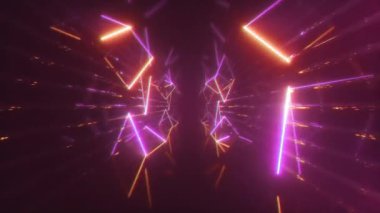 Altıgenler ile fütüristik koridorda soyut renkli uçan, dikişsiz döngü 4k arka plan, floresan ultraviyole ışık, lazer neon hatları, geometrik sonsuz tünel, kırmızı pembe spektrum, 3d render