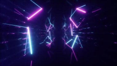 Altıgenler ile fütüristik koridorda soyut renkli uçan, dikişsiz döngü 4k arka plan, floresan ultraviyole ışık, lazer neon hatları, geometrik sonsuz tünel, mavi pembe spektrum, 3d render
