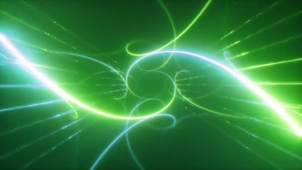 Volo colorato astratto in un corridoio futuristico con una spirale laser incandescente, loop senza soluzione di continuità 4k sfondo, luce fluorescente, tunnel geometrico infinito, colore verde, rendering 3d — Video Stock