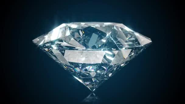 Güzel büyük kristal parlak yuvarlak kesim elmas, siyah ayna karşısında döner izole arka plan. Yan görüntüyü kapat. Kusursuz döngü 4k cg 3D animasyon — Stok video