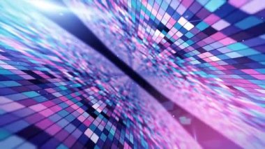 Parlayan yanıp sönen kareler, mavi kırmızı pembe mor spektrum, floresan ultraviyole ışık, modern renkli aydınlatma, 4k sorunsuz döngü cg animasyon ile soyut bir alanda Uçan