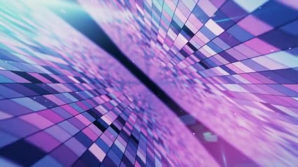 Flyger i ett abstrakt utrymme med glödande blinkande rutor, blå röd rosa violett spektrum, fluorescerande ultraviolett ljus, modern färgglad belysning, 4K sömlös loop CG animation — Stockvideo
