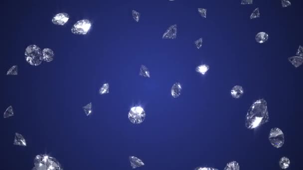 Diamants brillants tombants rendu 3d sur fond bleu, boucle transparente animation 4k cg — Video