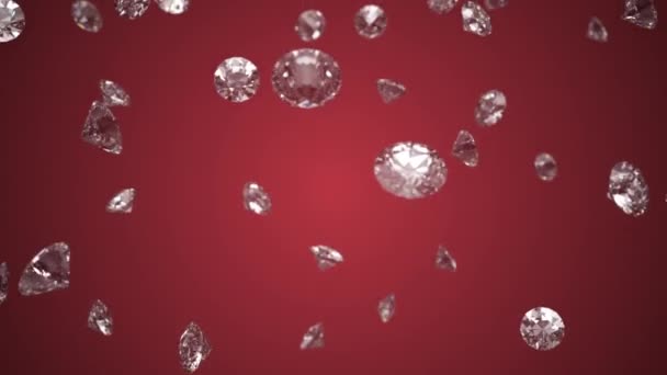 Falling shining diamonds 3d render on red background, seamless loop 4k cg animation — Stock Video