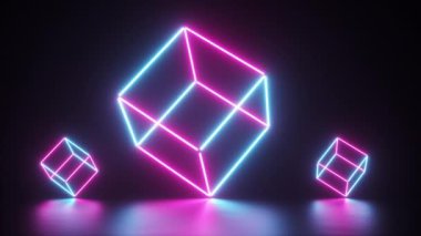 Bir küpler oluşturma Soyut parlayan neon çizgiler, mavi mor spektrum, floresan ultraviyole ışık, modern renkli aydınlatma, 4k sorunsuz döngü cg animasyon