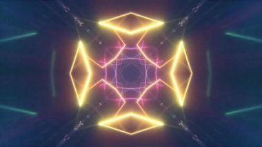 Bir tünel, çok renkli spektrum, modern renkli aydınlatma, 4k sorunsuz döngü cg animasyon oluşturma parlayan neon hatları ile Uçan