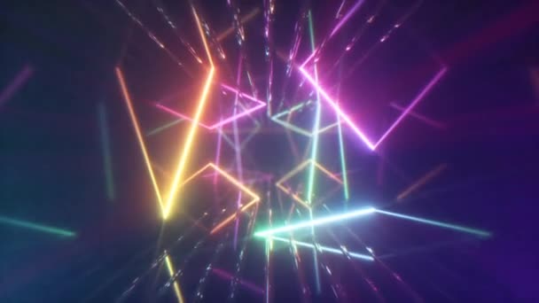 Latające przez świecące neonowe linie tworzące tunel, wielokolorowe spektrum, nowoczesne kolorowe oświetlenie, 4K płynne animacje pętli CG — Wideo stockowe