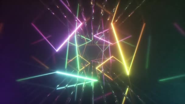 Пролетая через светящиеся неоновые линии, создавая туннель, разноцветный спектр, современное красочное освещение, 4k бесшовная петля CG анимации — стоковое видео
