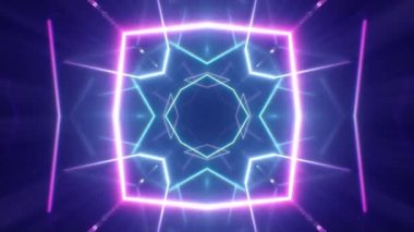Bir tünel oluşturma parlayan neon hatları ile uçan, mavi kırmızı pembe mor spektrum, floresan ultraviyole ışık, modern renkli aydınlatma, 4k sorunsuz döngü cg animasyon