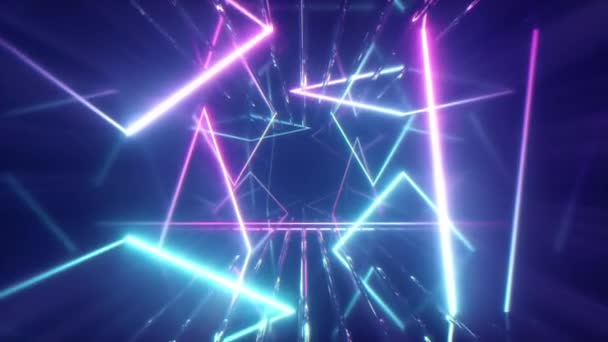 Flying through glowing neon lines creating a tunnel, blue red pink violet spectrum, fluorescent ultraviolet light, modern colorful lighting, 4k seamless loop cg animation — Stock Video