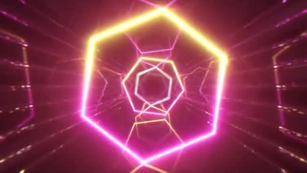 Пролітають світяться неонові лінії, створюючи тунель, жовтий рожевий фіолетовий спектр, флуоресцентне ультрафіолетове світло, сучасне барвисте освітлення, 4k безшовна петля cg анімація — стокове відео