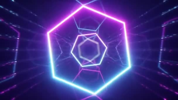 Terbang melalui garis neon bercahaya menciptakan terowongan, biru merah muda spektrum ungu, sinar ultraviolet berpendar, modern pencahayaan berwarna-warni, 4k loop mulus animasi cg — Stok Video