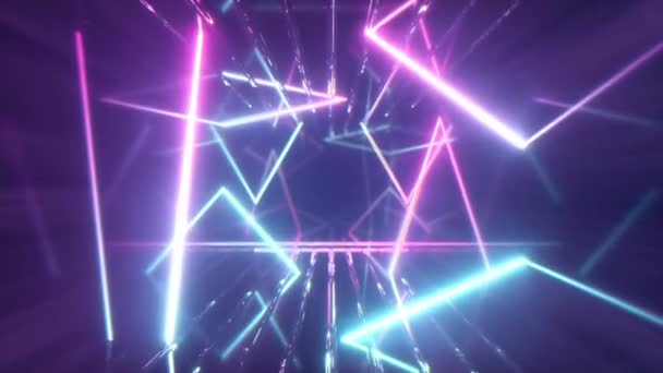 Voler à travers des lignes au néon rougeoyantes créant un tunnel, le spectre violet rose rouge bleu, la lumière ultraviolette fluorescente, l'éclairage coloré moderne, l'animation de cg de boucle sans couture de 4k — Video