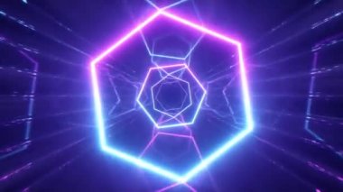 Bir tünel oluşturma parlayan neon hatları ile uçan, mavi kırmızı pembe mor spektrum, floresan ultraviyole ışık, modern renkli aydınlatma, 4k sorunsuz döngü cg animasyon