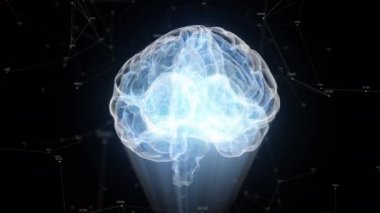 İnsan beyni parlak parçacıklardan oluşan döner. Pleksus yapısı etrafında döner. Sorunsuz döngü 4k animasyon