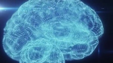 İnsan beyninin dönen hologramı, insan beyni 360 derece dönen parlak ışık parçacıklarından oluşmuştur, kesintisiz döngü 4k animasyon