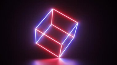 Bir küp oluşturan soyut parlayan neon çizgiler, mavi kırmızı spektrum, floresan ultraviyole ışık, modern renkli aydınlatma, 4k sorunsuz döngü cg animasyon