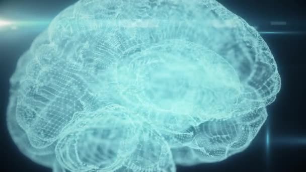 Holograma rotativo do cérebro humano, cérebro humano formado a partir de partículas luminosas brilhantes de luz girando 360 graus, animação sem costura loop 4k — Vídeo de Stock