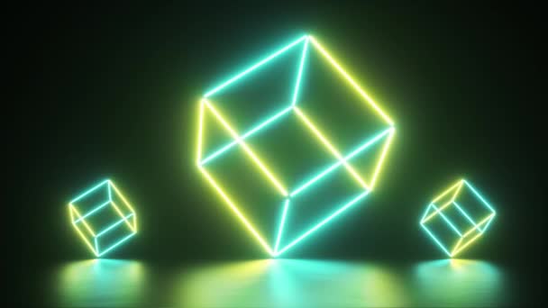 Abstrakt glödande Neon linjer skapa en kuber, blå grön spektrum, fluorescerande ljus, modern färgglad belysning, 4K sömlös loop CG animation — Stockvideo
