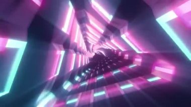 Bir tünel oluşturma metalik parlayan dönen neon üçgenler ile uçan, mavi kırmızı pembe mor spektrum, floresan ultraviyole ışık, modern renkli aydınlatma, 4k sorunsuz döngü animasyon